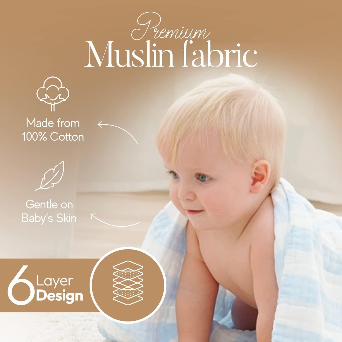 Muslin Baby Bath Towel Set, 2 Large Gauze Super Soft Baby Bath Towel and 3 Washcloths, 6 Layers 100% Cotton Infant Towel Newborn Towel Blanket Suitable for Baby's Delicate Skin(Bule)