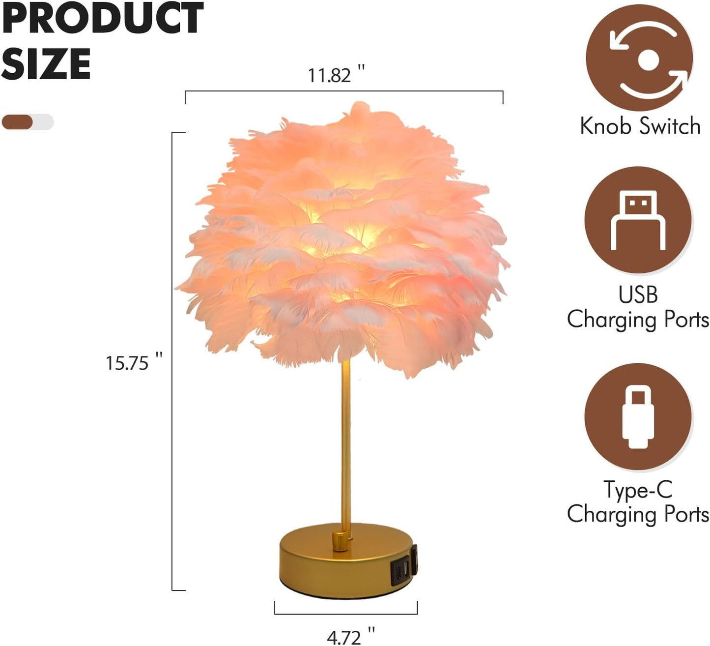 ZYLEIESENBAO Pink Feather USB Charger Table Lamp Feather Bedside Lamp Cute Nightstand Lamp with Outlets Princess Desk Light for Girl Bedroom Living Room Entryway Hotel Wedding Women's Gift Decoration