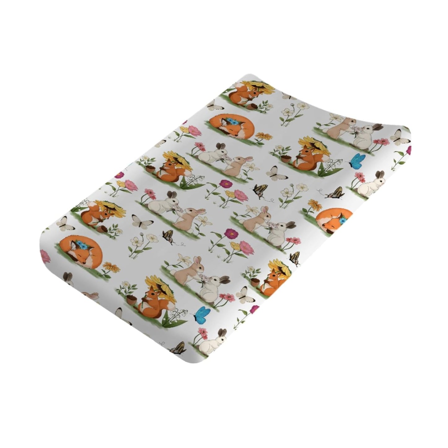 Cute Animals Spring Flowers Baby Changing Pad Covers Boy Girl 32''x16'' Bunny Fox Squirrel Butterflies Floral Fitted Diaper Change Table Mats Forest Soft Breathable Nursery Changing Table Sheets