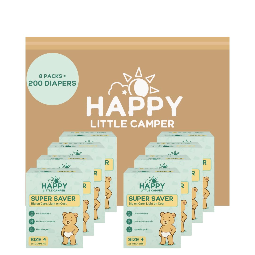 Happy Little Camper Super Saver Diapers, Size 4, 200 Count | Budget-Friendly Disposable Diapers for Sensitive Skin | Hypoallergenic, Fragrance-Free, Ultra Absorbent