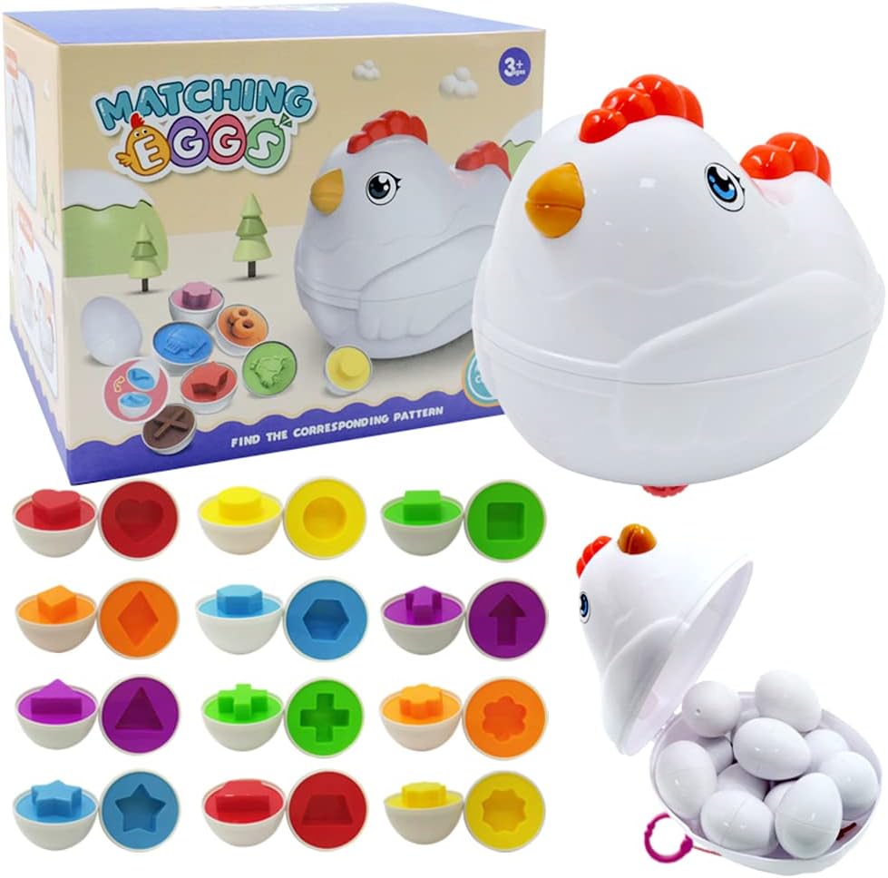 Easter Matching Eggs Toddler Toy with Push & Pull Chicken Box, 12 Pcs Montessori Sorter Learning Educational Toy, Multiple Shapes and Colors Fine Motor Skills Sensory Toy, Gift for Boys Girls