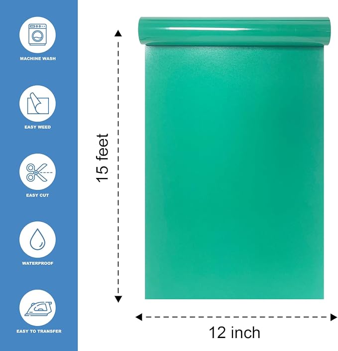 Green Heat Transfer Vinyl HTV Roll 12" x 15ft. | Easy to Cut, Weed & Transfer