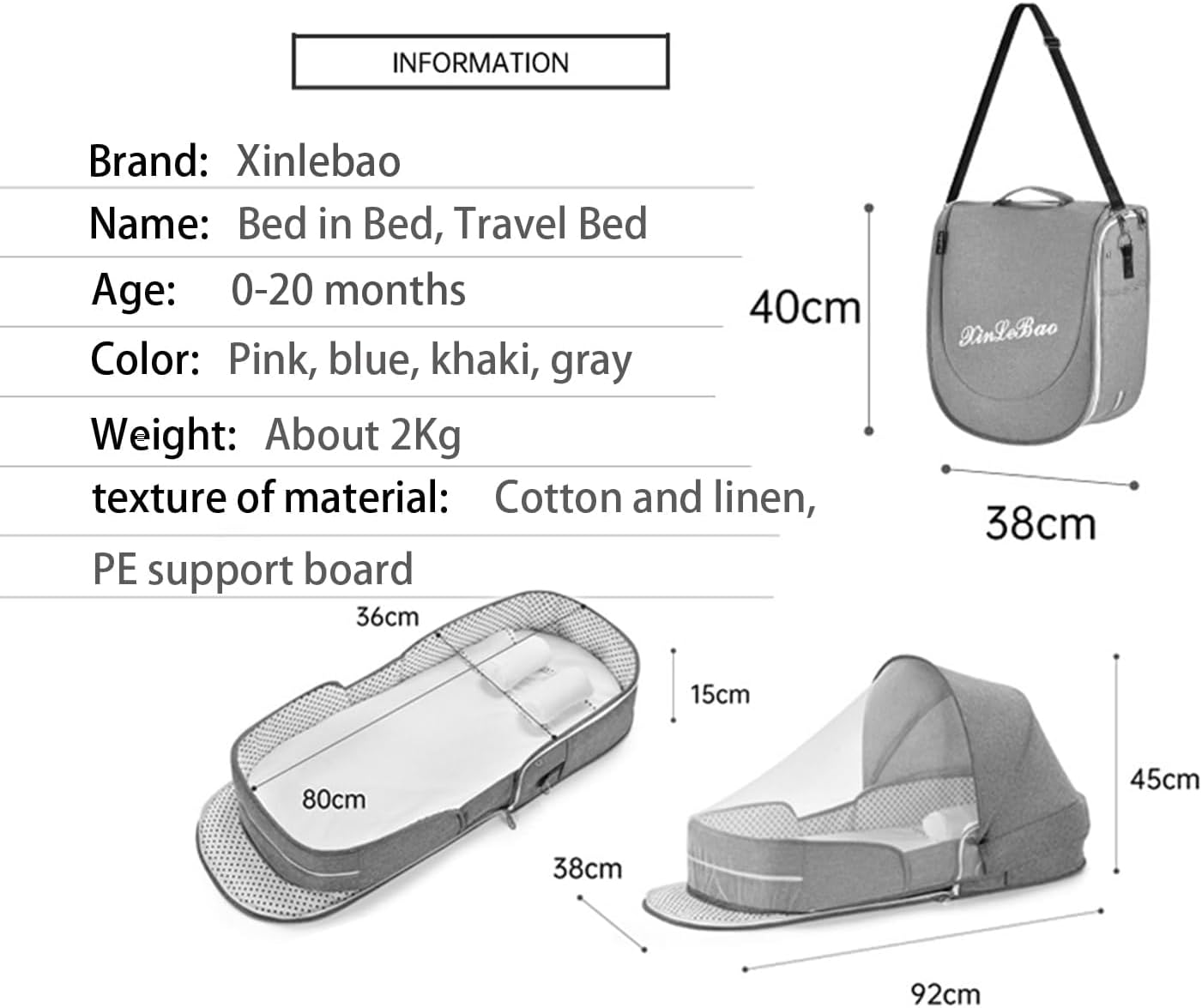 Folding Baby Travel Bassinet Portable Lightweight Travel Crib Baby Bed Co- Sleeper for Baby in Bed with Canopy and Mosquito Net (Gray, with Sunshade)