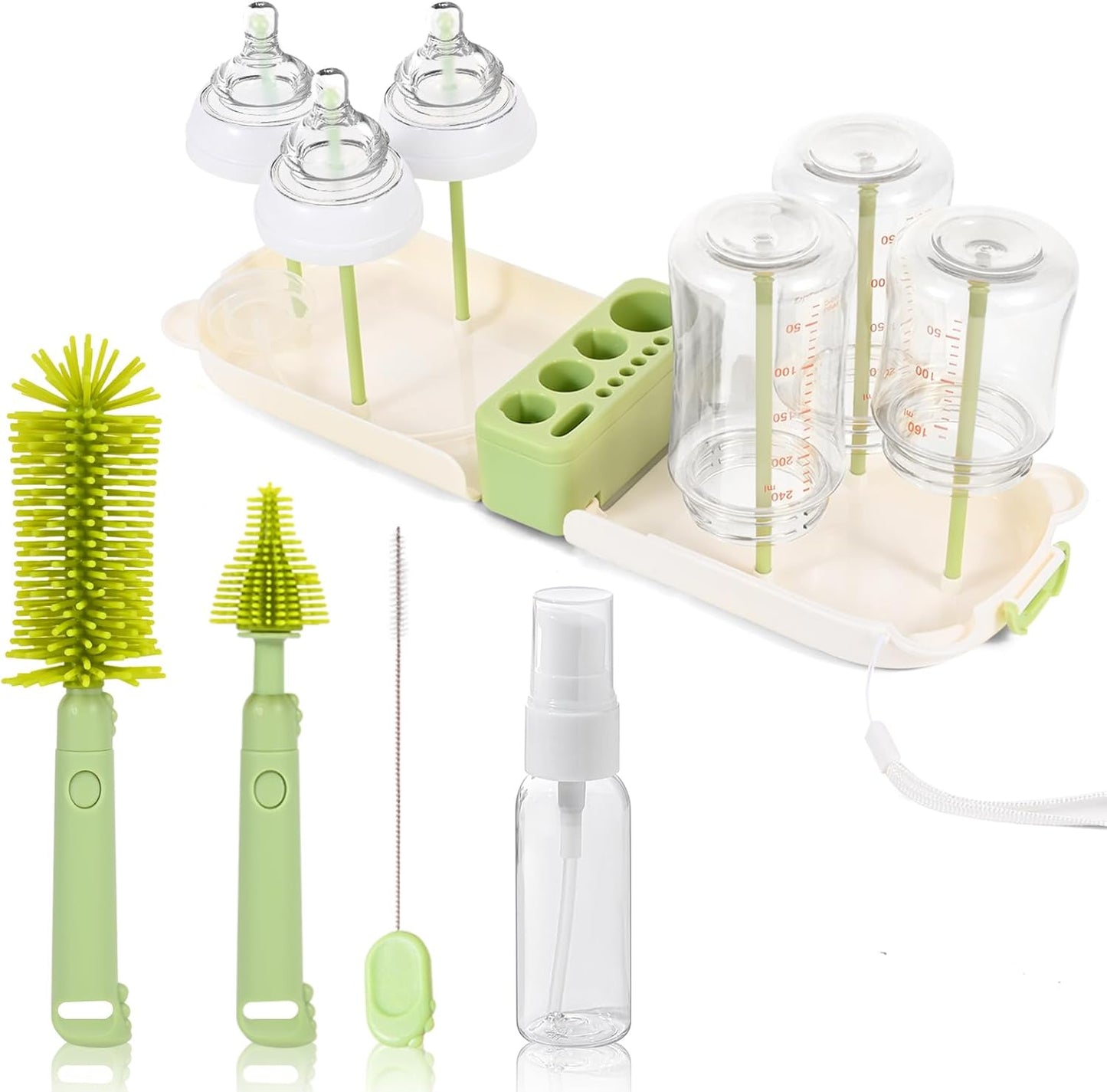 Portable Baby Bottle Brush Set, 7-in-1 Travel Baby Bottle Cleaning Kit, Portable Bottle Washing Kit with Silicone Bottle Brush, Nipple Brush, Straw Brush, Drying Rack for Home & Travel (Green)