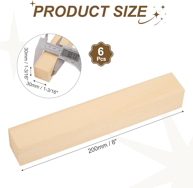 MECCANIXITY 6Pcs Basswood Sticks, 1.2" x 1.2" x 8" Square Wooden Dowel Rods