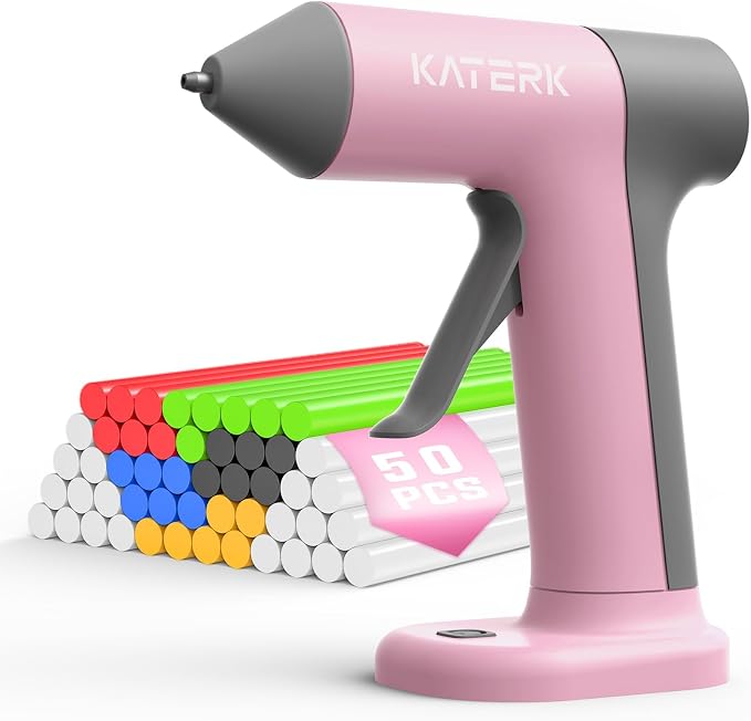 Katerk Cordless Hot Glue Gun, 50 Mini Glue Sticks, Rechargeable, Auto Shut-Off