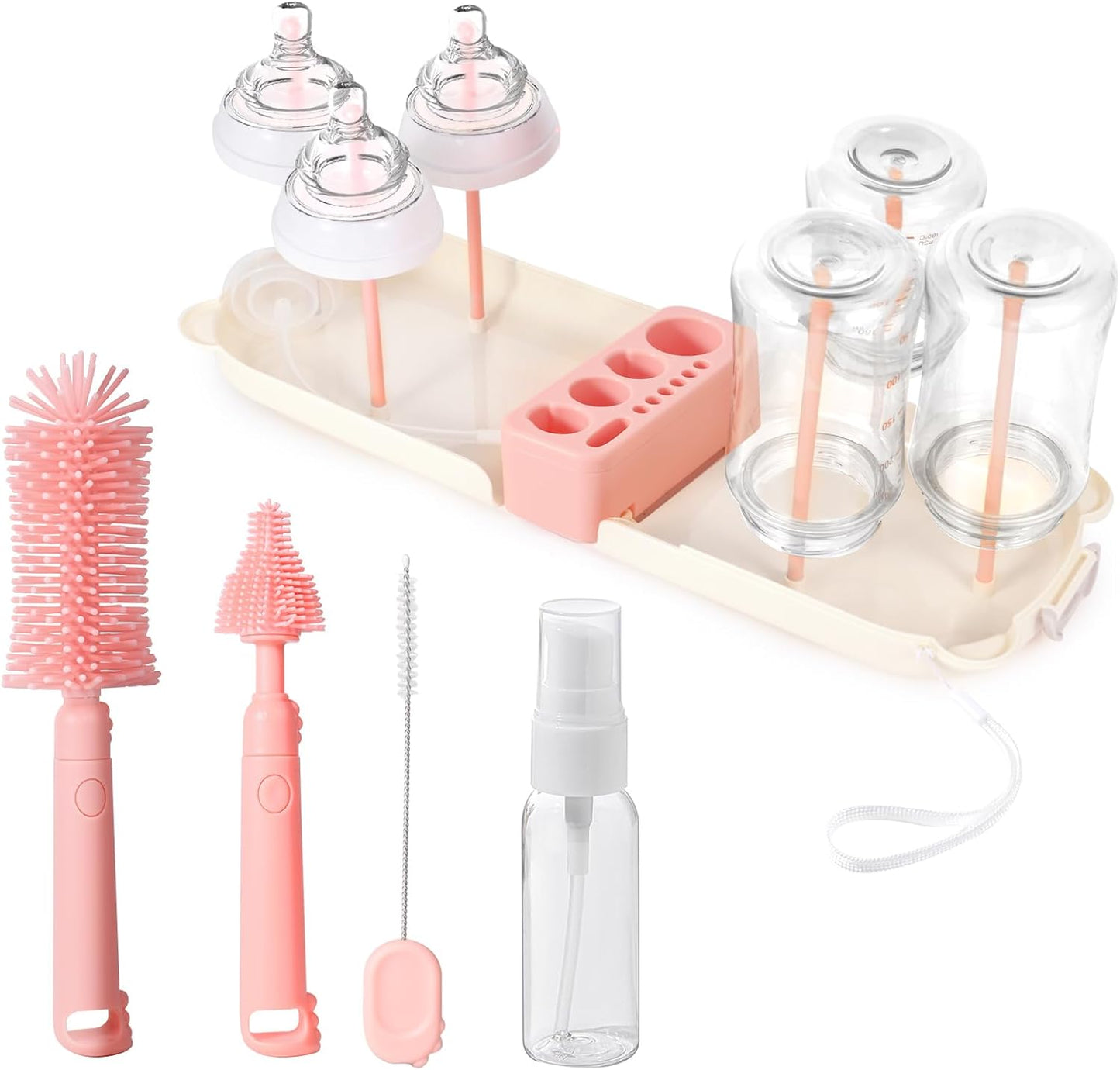 Portable Baby Bottle Brush Set, 7-in-1 Travel Baby Bottle Cleaning Kit, Portable Bottle Washing Kit with Silicone Bottle Brush, Nipple Brush, Straw Brush, Drying Rack for Home and Travel (Pink)