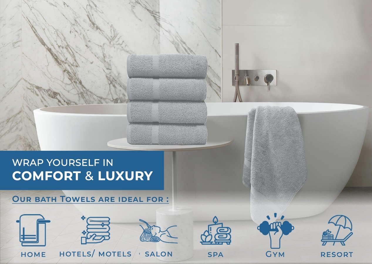 DAN RIVER Bath Towels Set of 4, 27 x 54 Inches, 100% Cotton, Larger & Lighter Weight, Quicker to Dry, Super Soft and Absorbent, Ideal Thick Towels for Daily Use, Silver