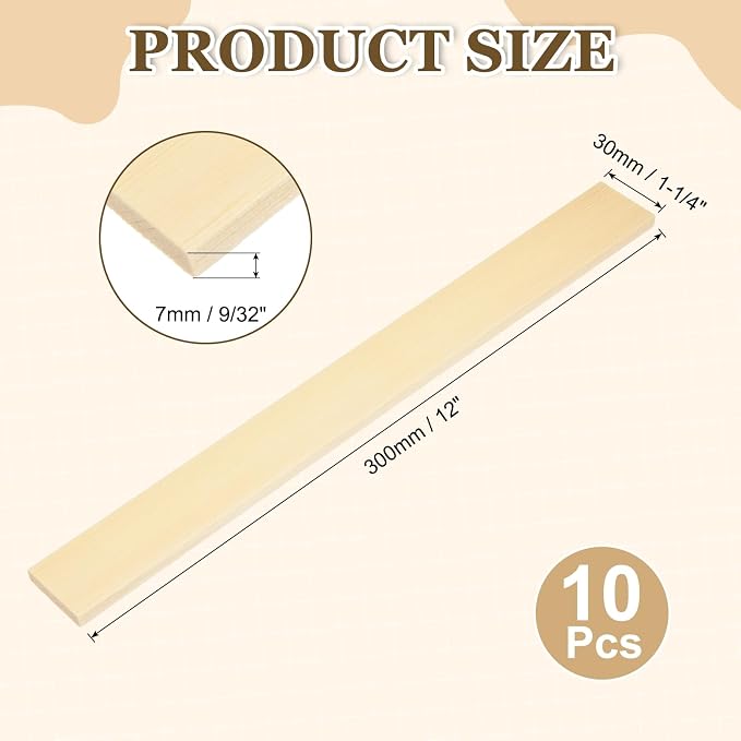 MECCANIXITY 10Pcs Wood Strips Slats, 9/32" x 1‑1/4" x 12" Thin Wood Sticks Flat