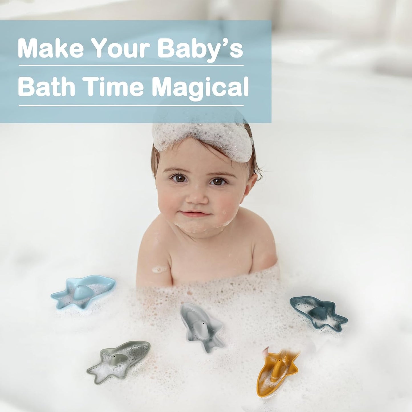 Bessentials Silicone Stackable Baby Shark Boat Bath Toys Set, Mold-Free Floating Bathtub Toys for Baby & Toddler,BPA Free,Set of 5