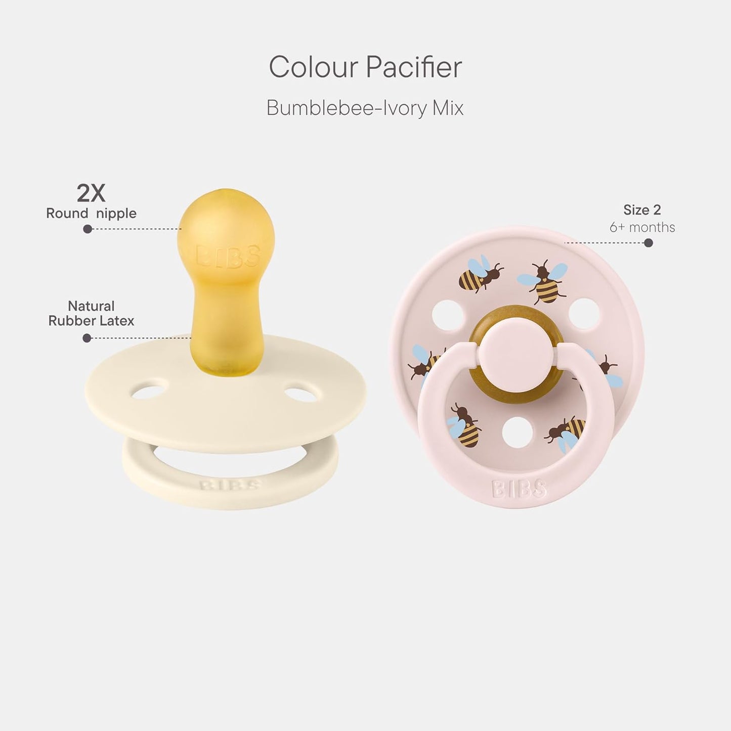 BIBS Studio Soother 2-Pack, BPA Free Dummy Pacifier, Round Nipple. Natural Rubber Latex, Made in Denmark, Size 2 (6-18 Months), Ivory/Petal