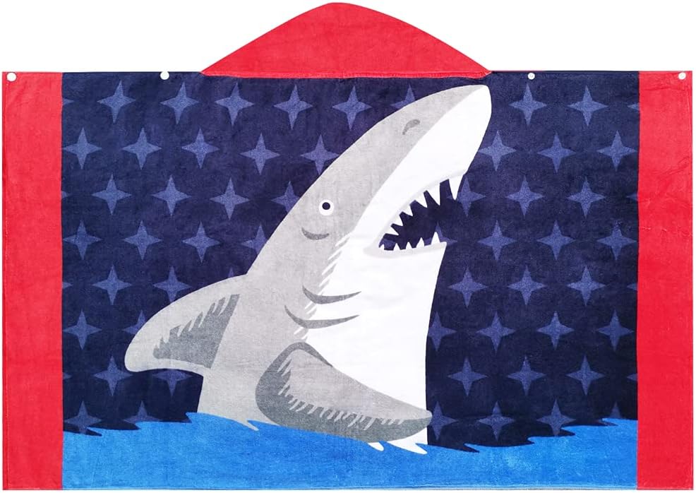 BANGSAUR Kids Hooded Beach Bath Towels, 100% Cotton 50"x30" Wrap Blanket, Toddlers Boys 3-12 Years Coverup Towel White Shark