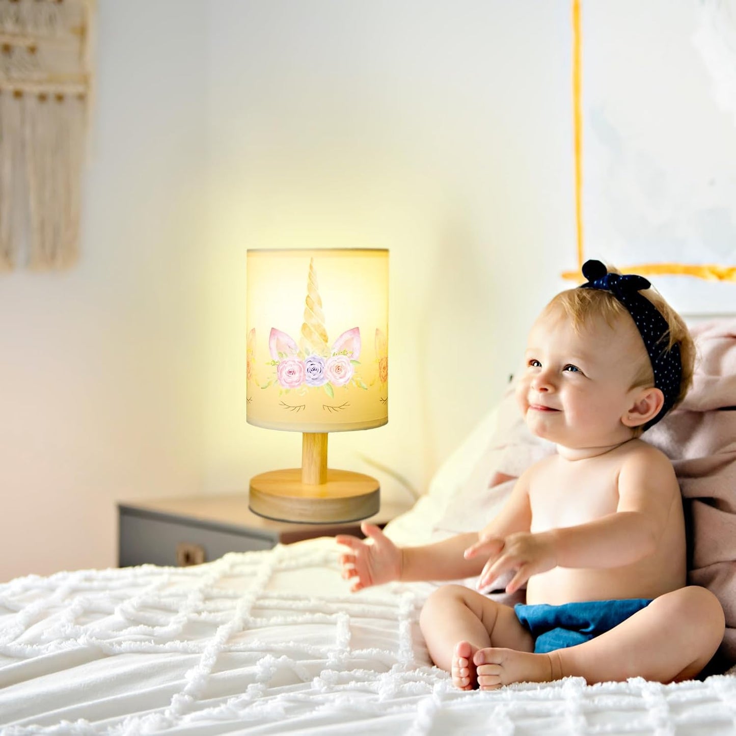 VIHOSE Unicorn Kids Table Lamp for Bedroom Kids Bedside Lamp with Linen Wooden Nightstand Cartoon Nursery Lampshade for Girls Boys Living Room
