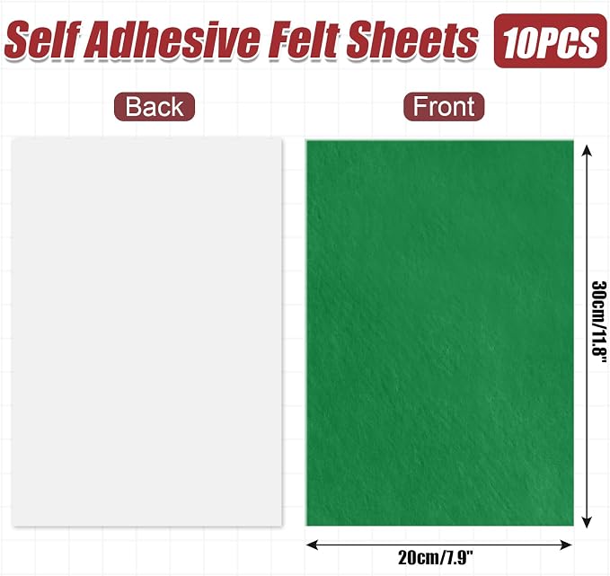 Bonsicoky Green Self Adhesive Felt Sheets, 10 Pack, A4 Size | Felt Fabric