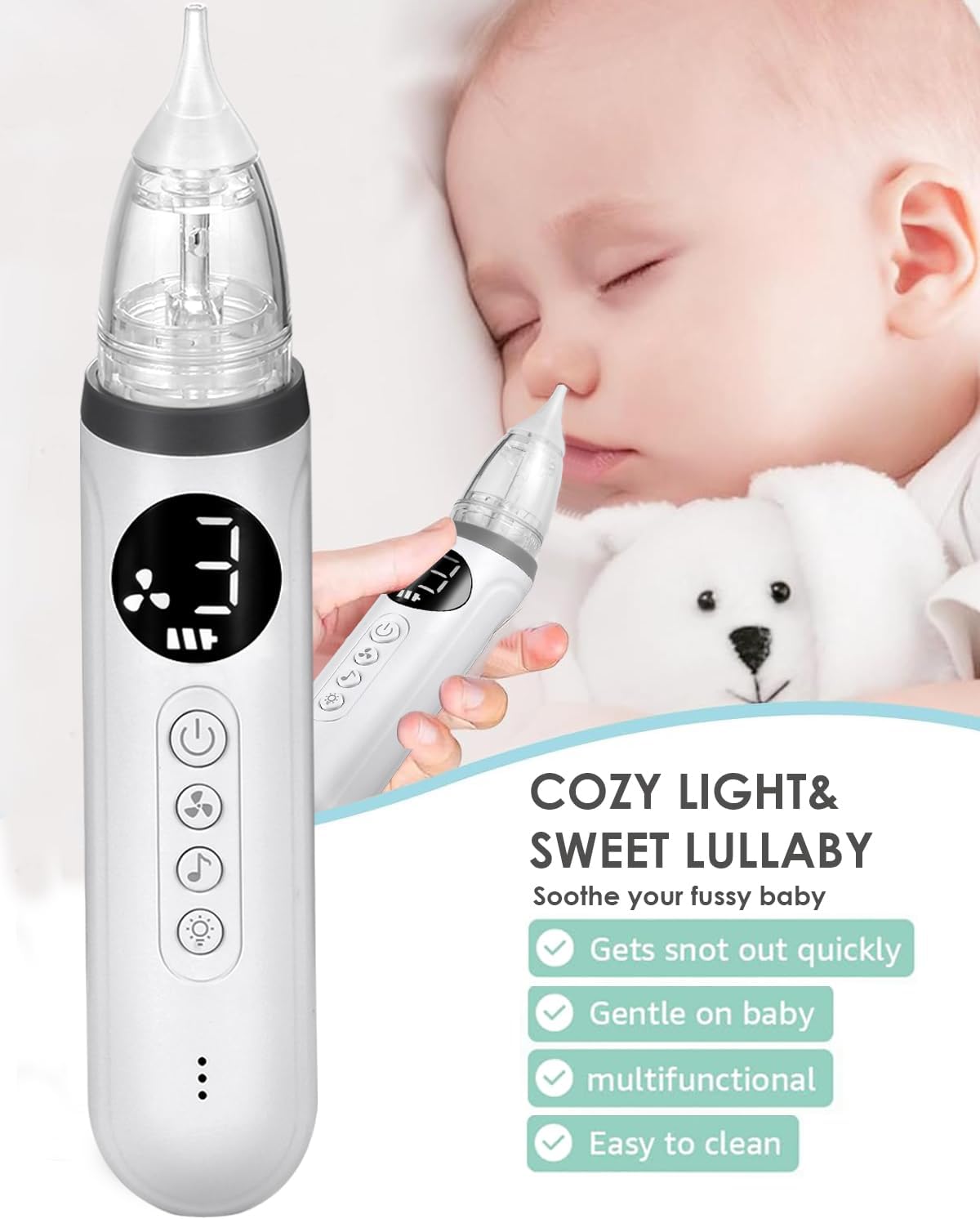 Nasal Aspirator for Baby, Electric Nose Aspirator for Toddler, Baby Nose Sucker, Automatic Nose Cleaner with 3 Silicone Tips, Adjustable Suctions, Music and Light Soothing Function