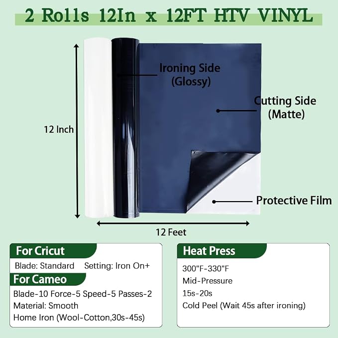guangyintong Heat Transfer Vinyl HTV Rolls, 2 Rolls 12" x 12ft Black and White