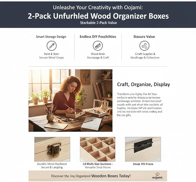 2 Pack Unfinished Wood Box, Glass Lid, 14 Compartment Jewelry Organizer |