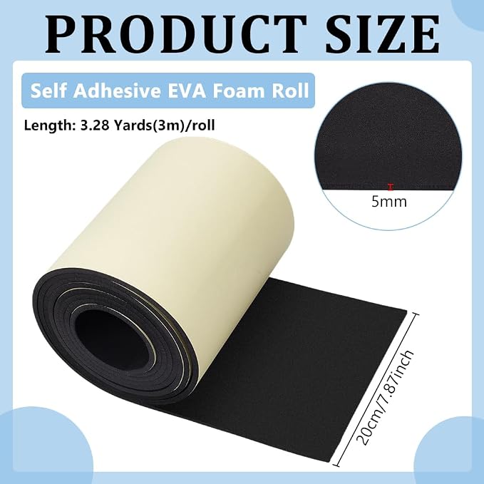 BENECREAT 118x8 Inch Black Self Adhesive EVA Foam Roll, 5mm Thick Waterproof