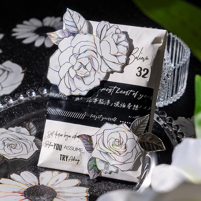 120pcs White Flower Scrapbook Stickers Pack, Vintage Roses Lilies Daisies