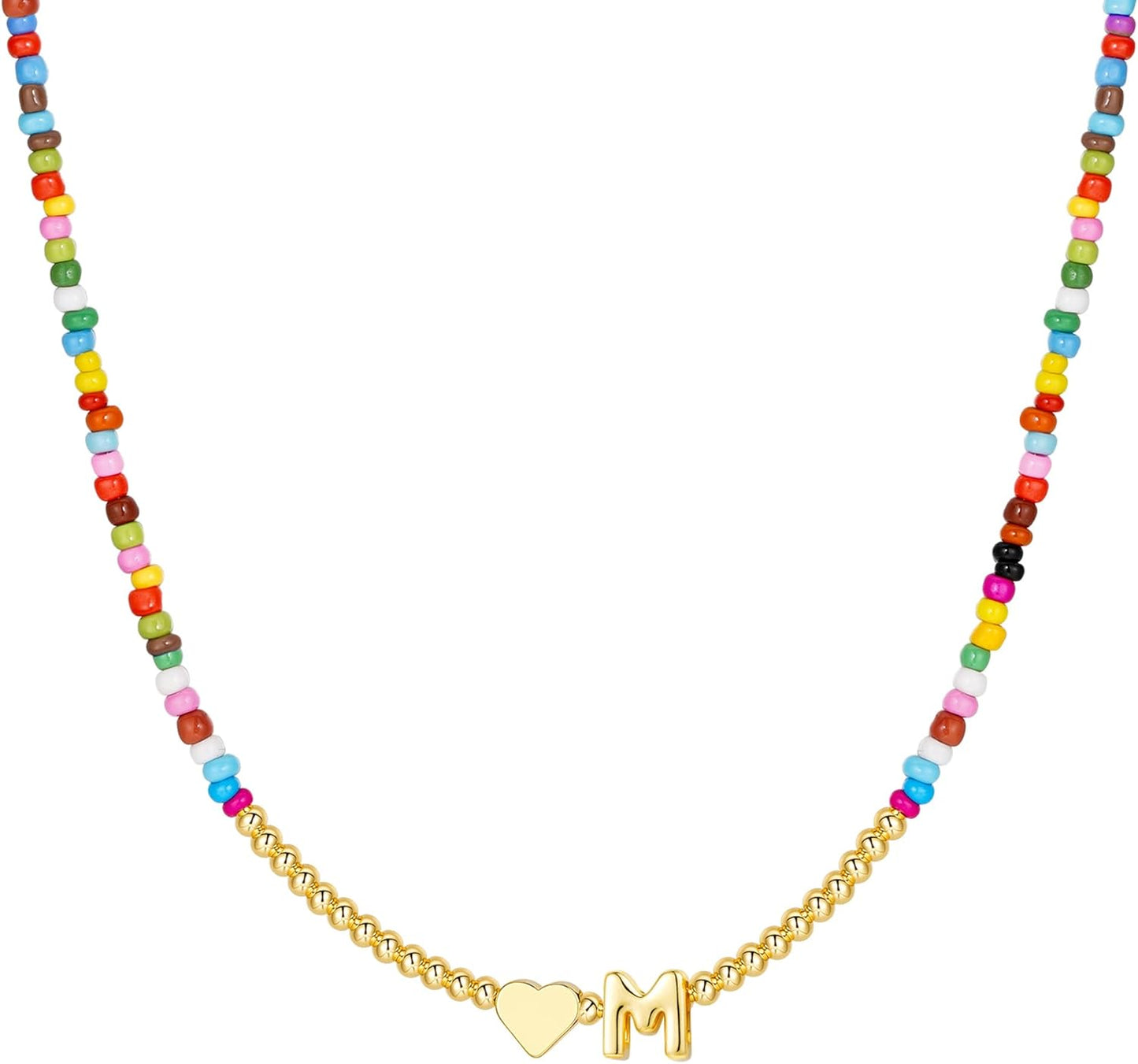 M MOOHAM Stocking Stuffers for Teen Girls Christmas Gifts - Heart Initial Necklaces for Women Kids Colorful Beaded Tiny Heart Initial Choker Necklace Jewelry for Teen Girls Trendy Birthday Gifts