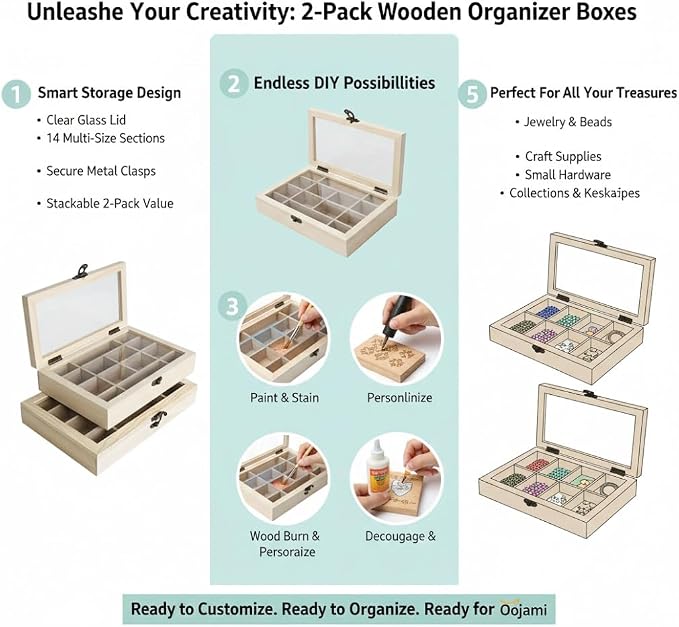 2 Pack Unfinished Wood Box, Glass Lid, 14 Compartment Jewelry Organizer |
