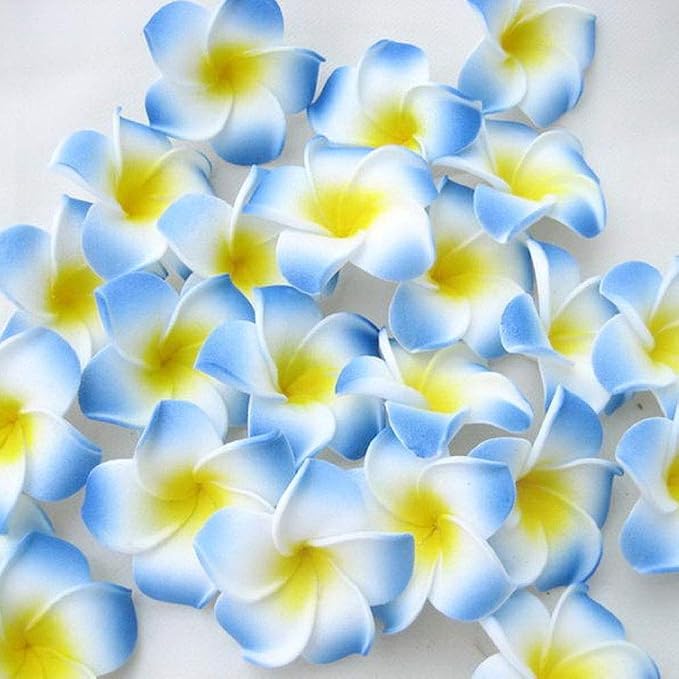 Pursuestar 100Pcs Blue Foam Hawaiian Frangipani Artificial Plumeria Flower