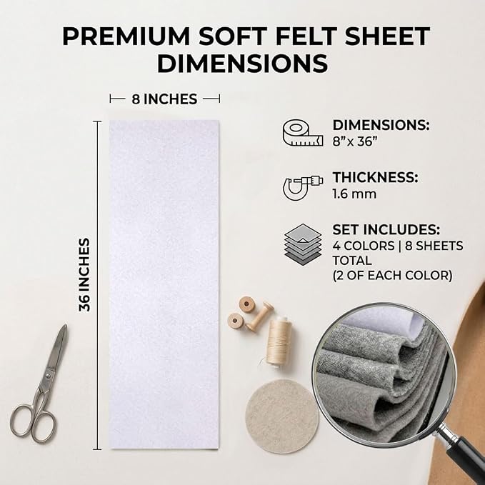 Black White Grey Felt Sheets 8"X 36" 1.6mm Thick 8 Pack Assorted Colors | Soft
