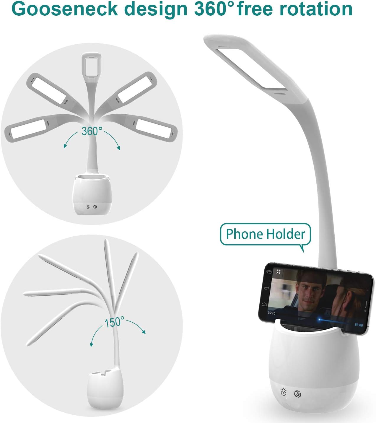 ERAY Rechargeable Battery Operated Lamp with 3 Color Modes/8 Colors Night Light/Pen Holder, Kids LED Desk Table Lamp for Home Office Dorm Reading Studying, Eye Caring, Ideal Gifts, Adapter Included