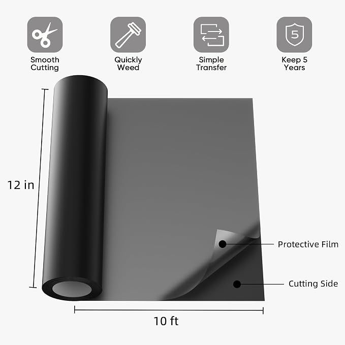 Black Permanent Vinyl for Cricut Cutting Machine, Waterproof, Durable Black