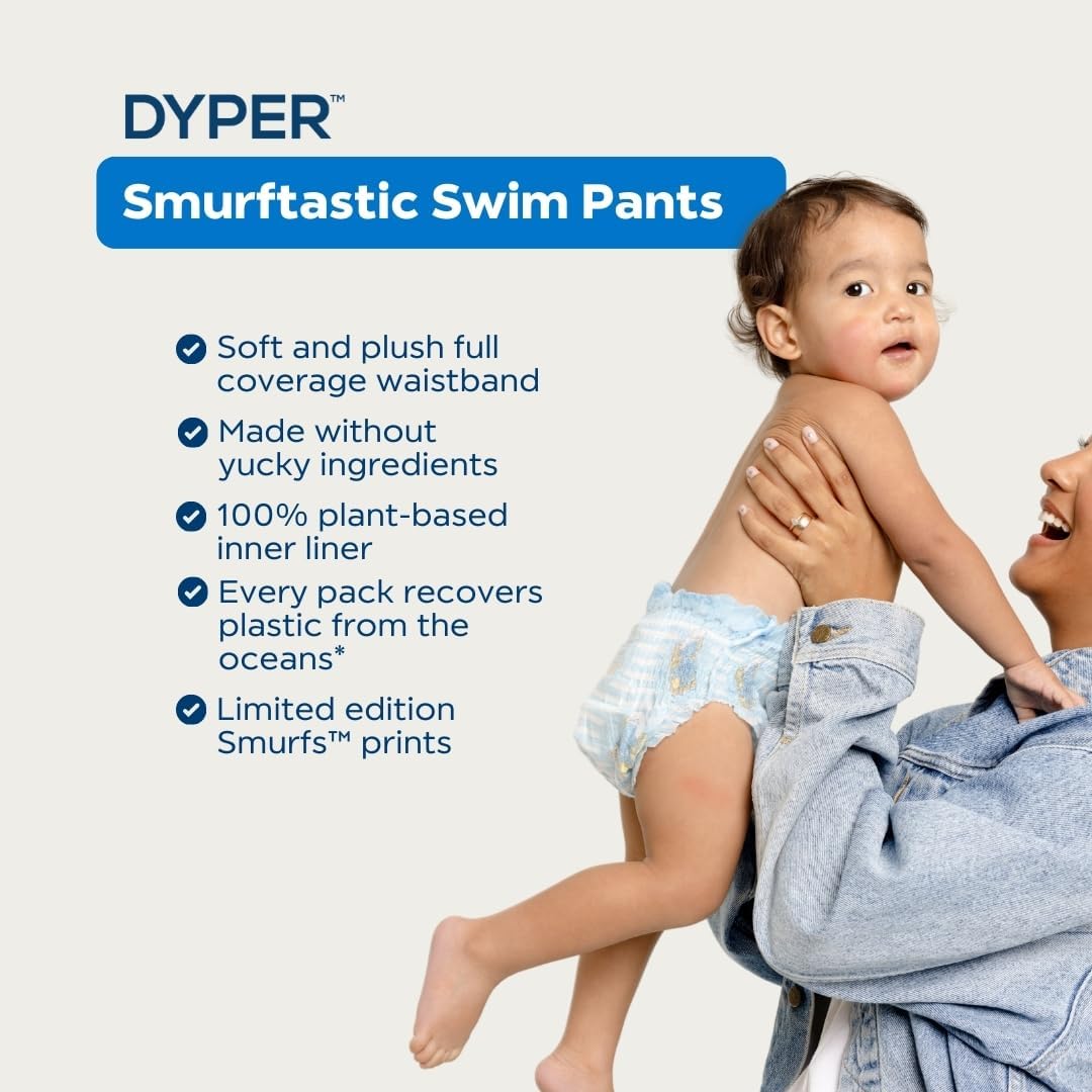 DYPER Smurftastic Baby Swim Diapers, Hypoallergenic Plant-Based Disposable Swim Diapers | Eco-Friendly & Absorbent Swimming Diapers for Babies, Size M (19 Count)