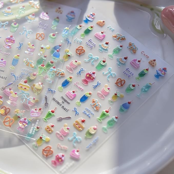 Summer Nail Art Stickers Decals Cherry Cake 5D Embossed Jelly Nail Decals 1PCS