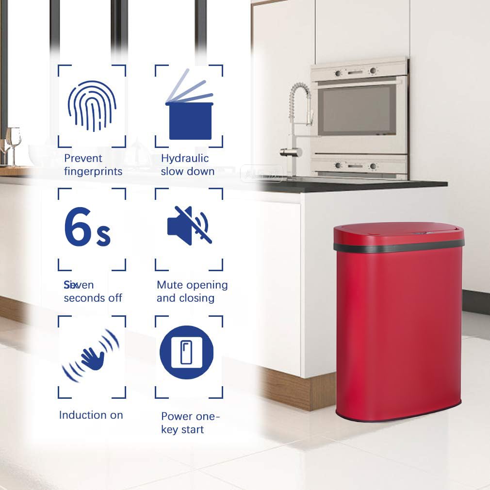 Kitchen Trash Can Bathroom Bedroom Office Garbage Can with Lid Automatic Touch Free Waste Bin Stainless Steel 13 Gallon / 50L,Red