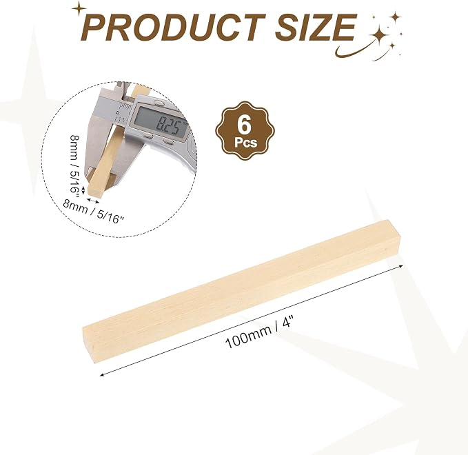 MECCANIXITY 6Pcs Basswood Sticks, 5/16" x 5/16" x 4" Square Wooden Dowel Rods