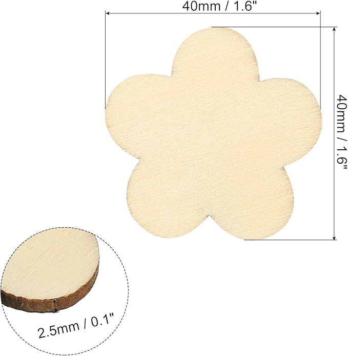 PATIKIL 40mm Wooden Flowers, 50 Pack Unfinished Wood Flowers Blank Wooden
