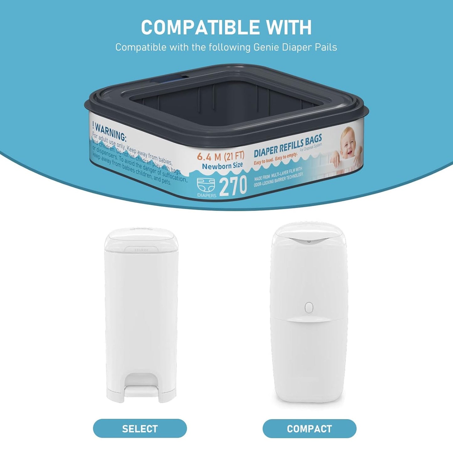 Standard Square Refills Disposal Bags Refill Compatible with Diaper Genie Classic, Compact and Select Pails, Hold Up to 270 Newborn-Sized Diapers Per Refill, Pack of 6