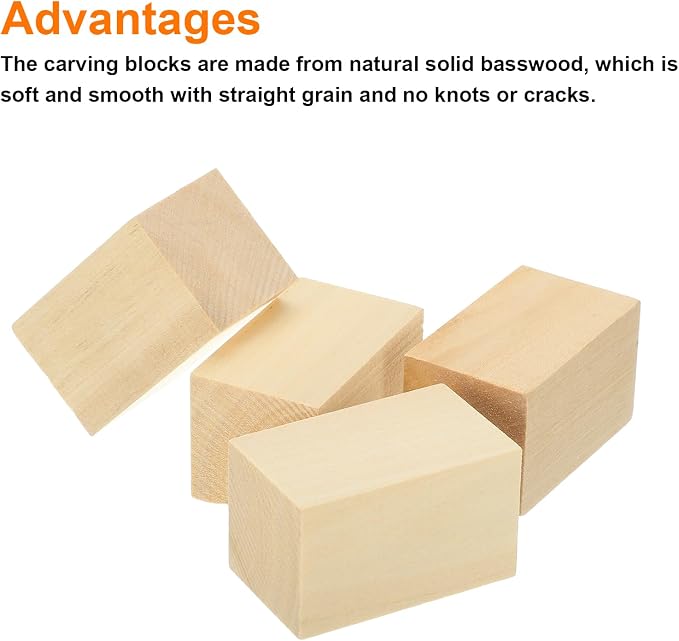 MECCANIXITY 4Pcs Basswood Carving Block, 1.2"x1.2"x2" Square Wooden Dowels