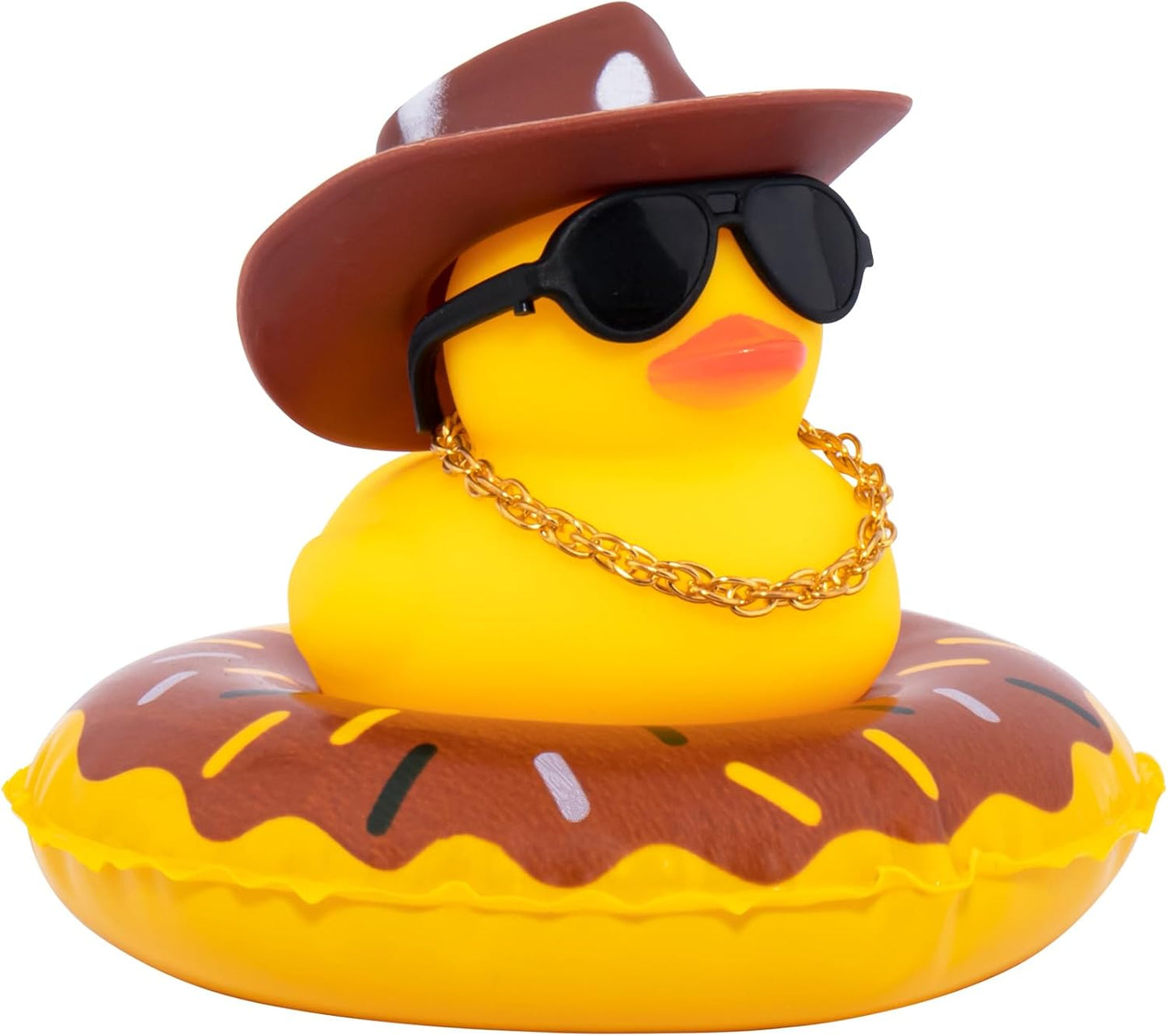 wonuu Car Rubber Duck, Yellow Duck Decoration Dashboard with Sun Hat Swim Ring Necklace Sunglasses for Car Dashboard Decorations, White Spots Brown Cowboy Hat-Brown Donut
