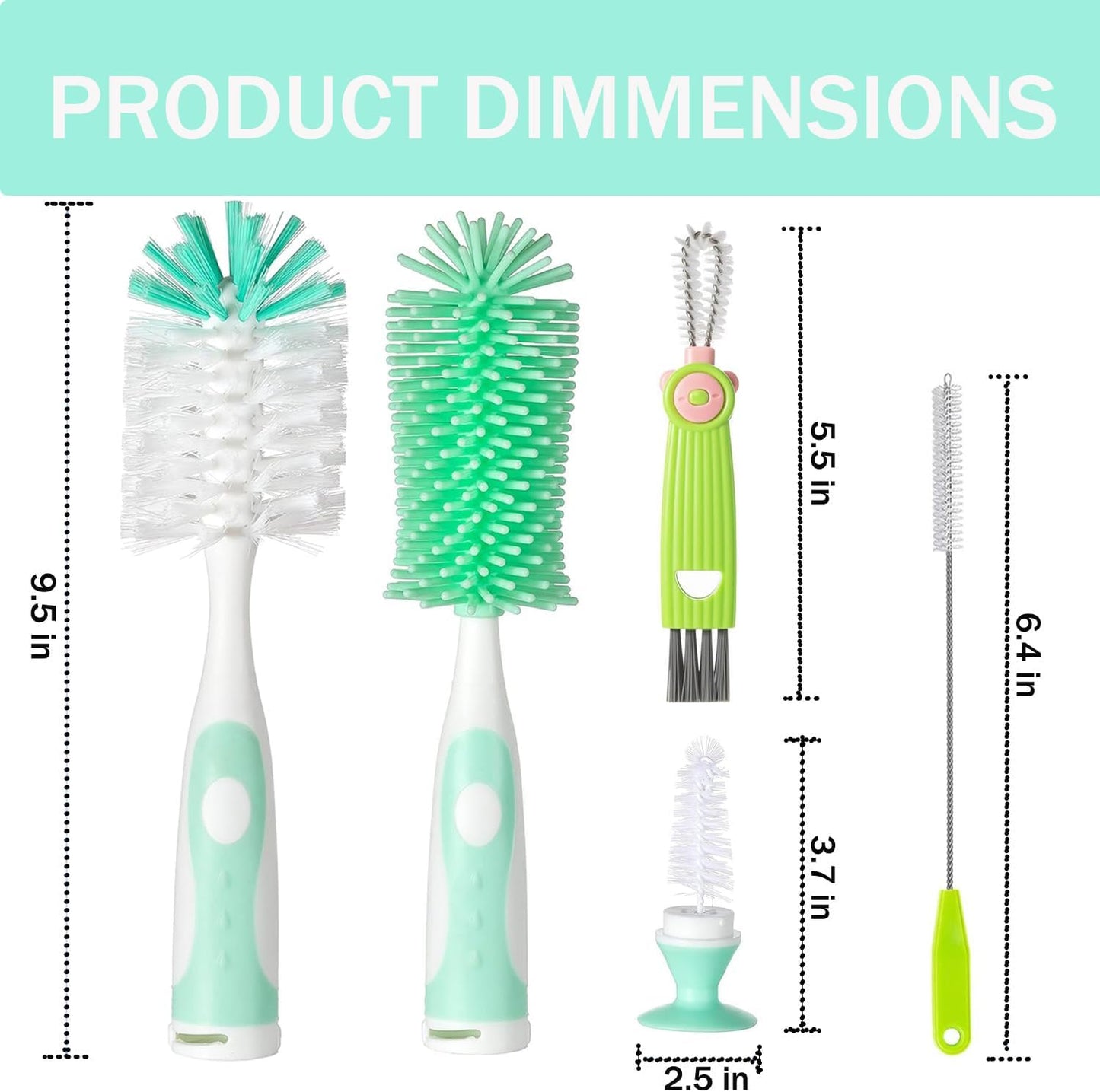 Baby Bottle Brush, 5 in 1 Bottle Cleaner Brush Set with Nylon and Silicone Bottle Brush, Straw Brush, Bottle Brush with Nipple Cleaner and Suction Cup, Cup Lid Cleaner Brushes Kit, BPA-Free (Green)