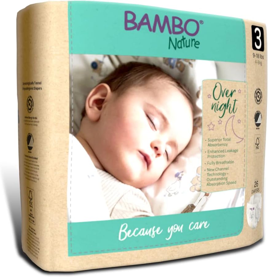 Bambo Nature Hypoallergenic Overnight Baby Diapers, Eco-Labelled Overnight Diapers, Totally Chlorine-Free, Skin Friendly, Super Absorbent - Size 3 (26 Count)
