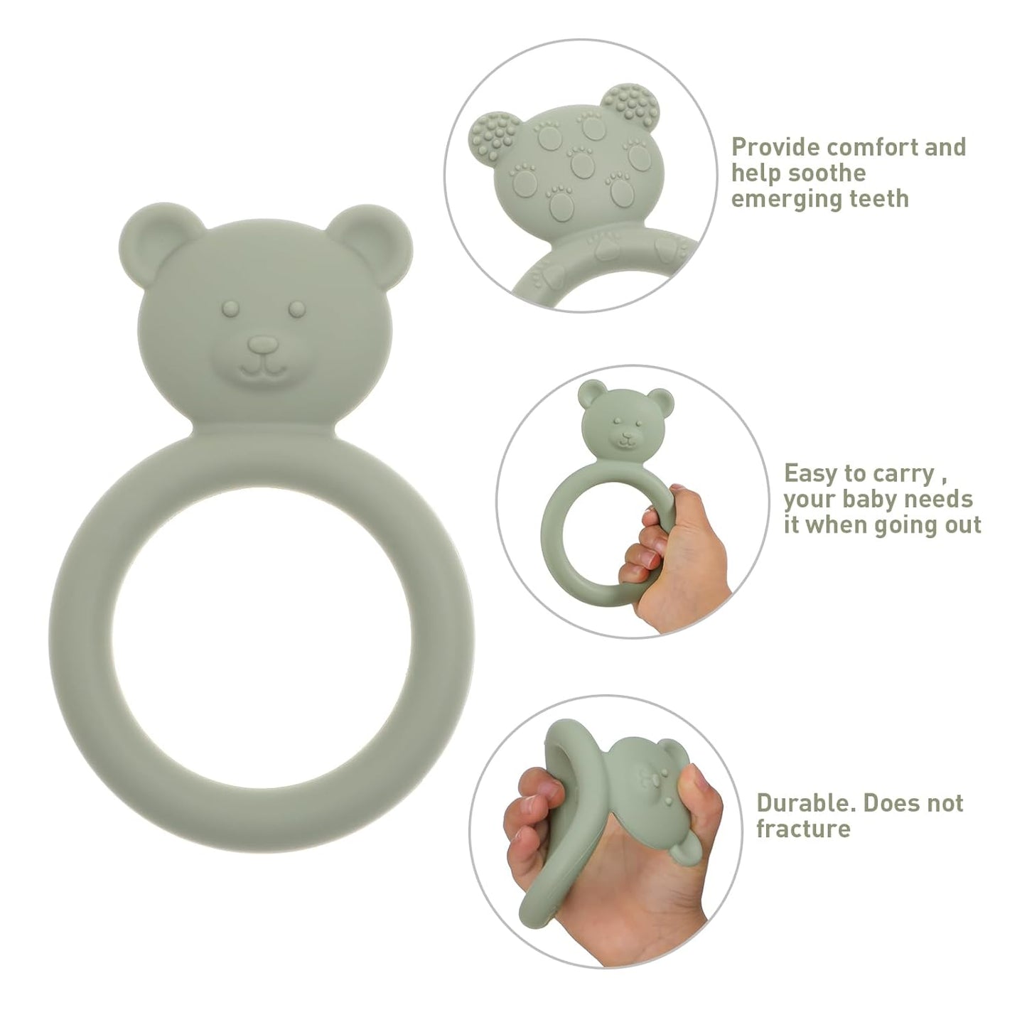 Silicone Baby Teether, Teething Toy Ring for Babies, Easy to Hold Design, BPA Free (Sand + Light Grey)