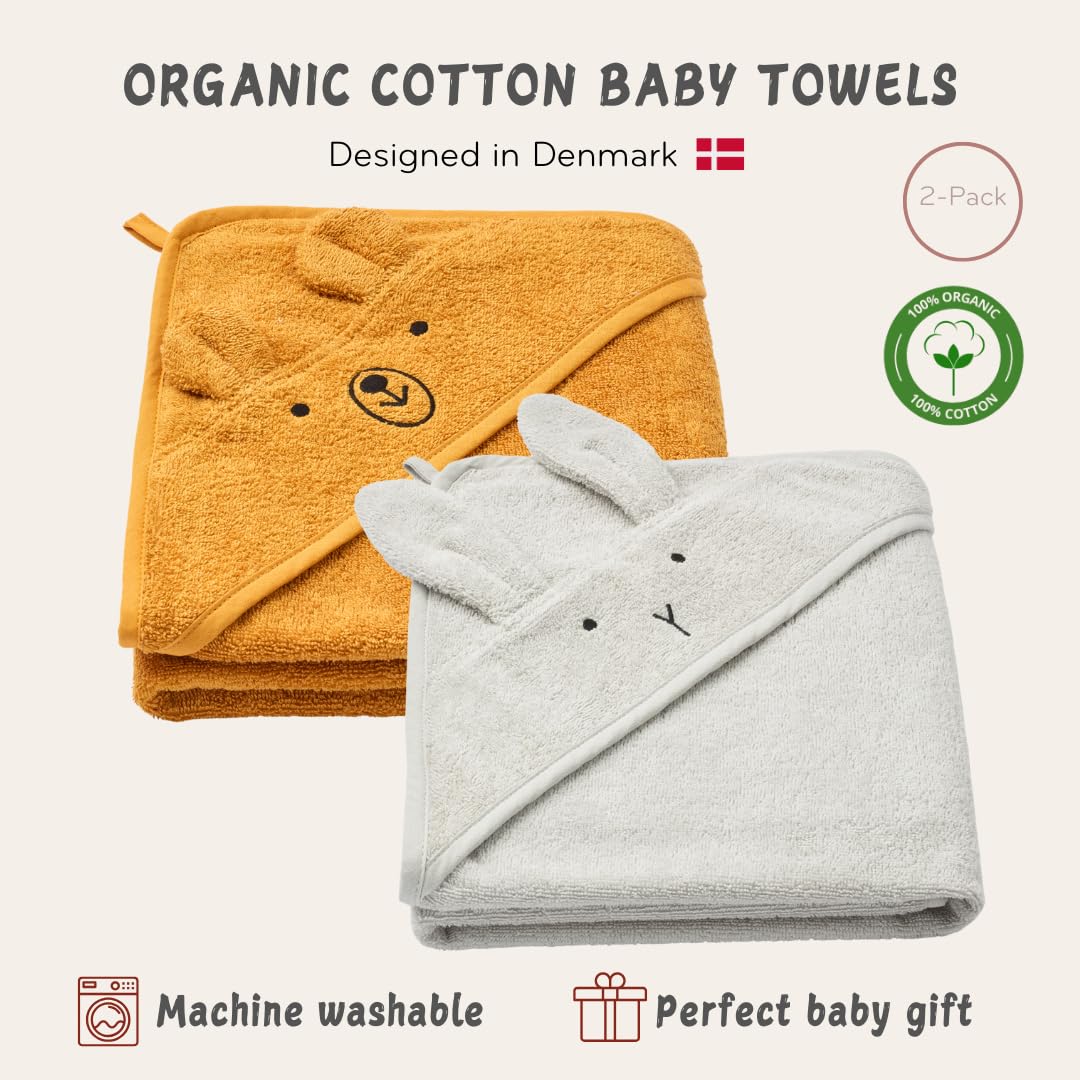 Baby Hooded Towel – Organic Cotton Baby Bath Towels, 32" x 32" Super-Soft and Absorbent Baby Towels for Newborn 2-Pack (Grey/Yellow)