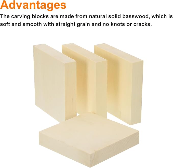 MECCANIXITY 4Pcs Basswood Carving Block, 0.8"x4"x4" Square Wooden Dowels Blocks