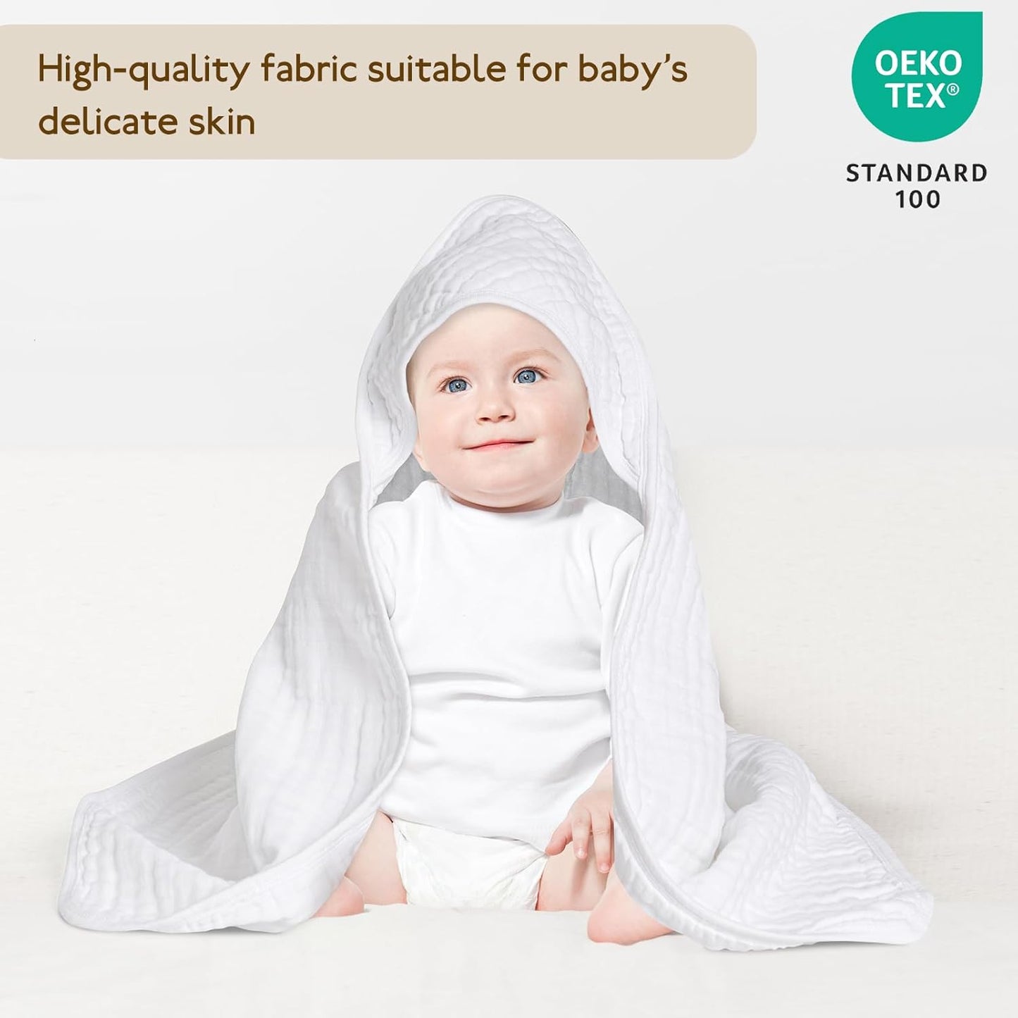 david's kids 2 Pack Hooded Baby Towels, 100% Muslin Cotton 6-Layer Ultra Soft Breathable Absorbent Baby Bath Towels for Infant and Toddler, Newborn Essentials, Large 32x32Inch, White