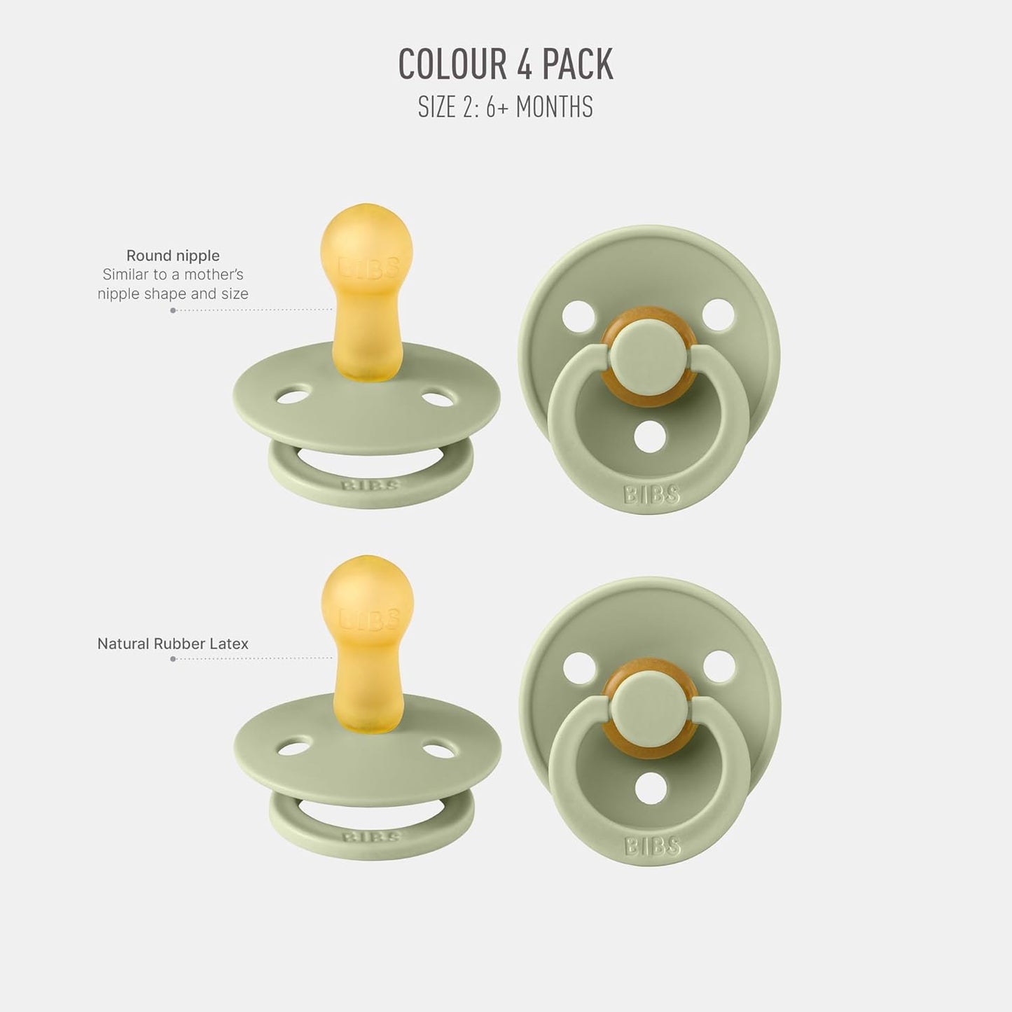 BIBS Pacifiers - Colour 4-Pack | BPA Free Baby Pacifier | Round Nipple Binkies | Natural Rubber Latex Soother | Made in Denmark | Size 6-18 Months | Sage