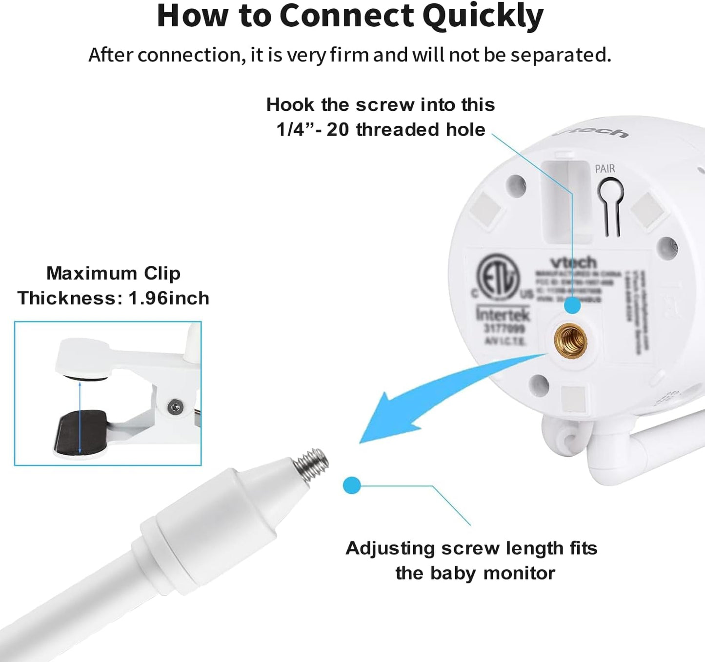 Flexible Baby Monitor Clip Clamp Mount Holder for HelloBaby HB65/HB40/HB6550/HB66/HB248/HB6339/HB6550 Pro, ANMEATE SM935E/SM650/Bonoch/ChildsFarm Baby Monitor, Long Gooseneck Arm, No Tools Needed