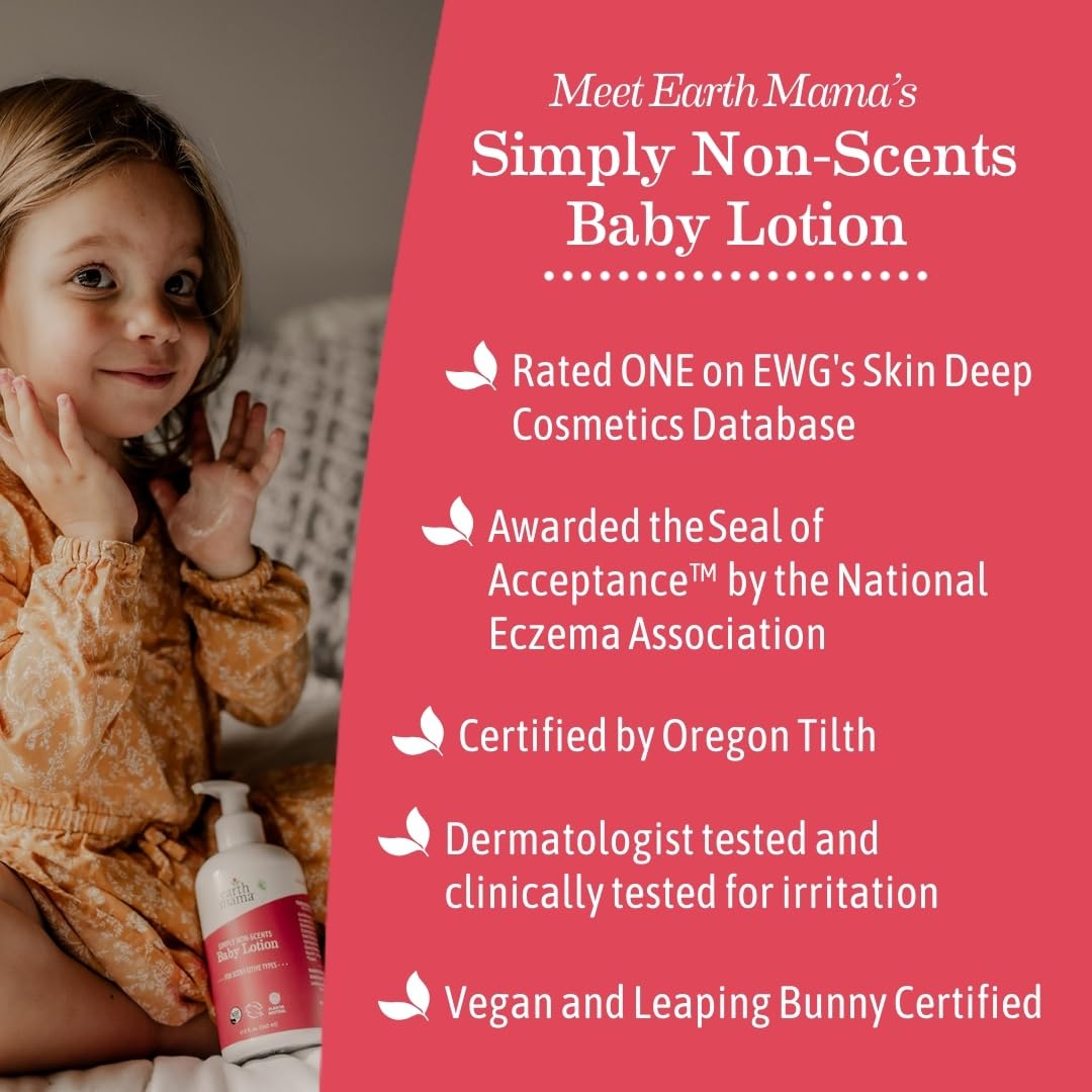Earth Mama Simply Non-Scents Baby Lotion for Dry Skin, Calendula Cream, Skin Care for Kids, Organic Moisturizer, Unscented Lotion with Aloe, Rooibos, & Shea Butter, 8-Fl oz (2-Pk)