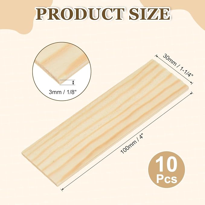 MECCANIXITY 10Pcs Wood Strips Slats, 1/8" x 1‑1/4" x 4" Thin Wood Sticks Flat