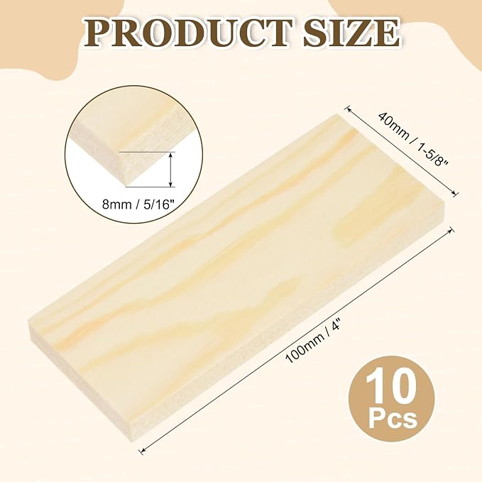 MECCANIXITY 10Pcs Wood Strips Slats, 5/16" x 1‑5/8" x 4" Thin Wood Sticks Flat