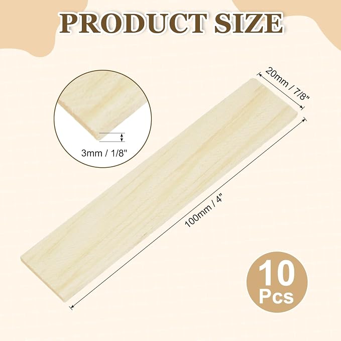 MECCANIXITY 10Pcs Wood Strips Slats, 1/8" x 7/8" x 4" Thin Wood Sticks Flat