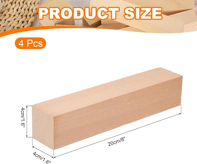 MECCANIXITY 4Pcs Basswood Carving Block, 1.6"x1.6"x8" Square Wooden Dowels